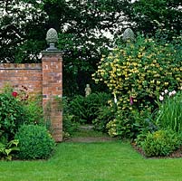 Brick pillars frame entrance to shady garden and view of statue rising above ferns. Fragrant honeysuckle - Lonicera periclymenum Graham Thomas scrambling up one side.