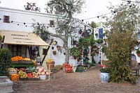 An Andalusian Moment, Best Show Garden, Malvern Spring Gardening Show 2015 depicting an Andalusian village with a fruit and veg shop, a taverna, olive trees and hidden courtyards with red geraniums against white washed walls