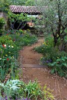 A Perfumer's Garden in Grasse. Earth path towards lavoir building beside Olea Europea.  Natural wild garden of aromatic plants.
