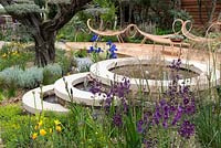 Royal Bank of Canada Garden - looking across the circular pools to the sculptural bench through Verbascum violetta, Iris mer du sud, Eschscholzia californica and Olea europea, marco bonsia form, Punica granaatum, 