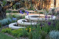 Royal Bank of Canada Garden - laminated wood hammock style benches and a table on red cedar wood decking, circular water cascade feature with Iris, cedar garden wall, old olive tree in macro bonsai form 