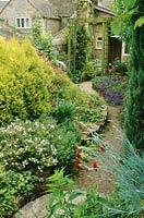 Narrow city garden with shrub border, wooden arch and stone wall. Plants include hebe, conifer and dianthus, King's Cliffe, Northamptonshire