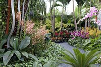 The hidden beauty of Kranji garden which is set in a tropical environment and features plants commonly found in Kranji, in Singapore. RHS Chelsea Flower Show, 2015.