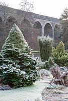 Frost covered conifers with viaduct behind - Kilver Court Garden, Somerset
