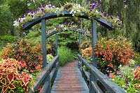 Old weathered wooden footbridge decorated with white and purple Petunias and hanging baskets with red Solenostemon - Coleus in summer