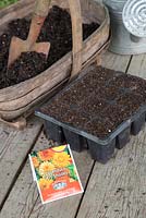Calendula officinalis 'Art Shades' and essential materials required for sowing seeds