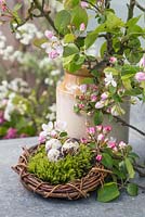 Quail eggs sat on moss within a woven willow wreath, accompanied with a pot of blossoming spring foliage