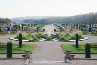 The Upper Flower Garden, restored to Sir Charles Barry's 19th century design, features fountains, Irish yews and clipped box spheres, Trentham Gardens