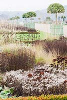 Autumn border of bleached seedheads and faded grasses including asters, Phlomis russeliana and sedums. Behind Versailles planters containing clipped Portugese laurels - Prunus lusitanica, Trentham Gardens