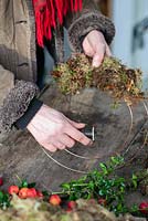 Making a Christmas wreath - Covering wire frame with moss. Gabbi's Garden.
