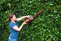 Woman using electrical hedge clippers

