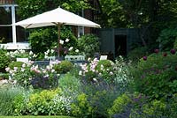 The terrace: Plants include, Alchemilla mollis, Nepeta, Viola cornuta alba, Rosa  'Maid Marion', Knautia macedonia, Box - Buxus sempervirens and Lavandula 'Hidcote'