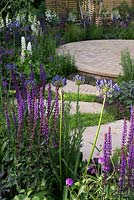 View of stepping stones path leading to cobblestone seating area surrounded by Salvia nemorosa 'Caradonna', Verbena, Geranium 'Rozanne' - cranesbill. The Wellbeing of Women Garden. 