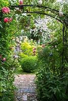 Seen through a rose arch with wind chimes, box sphere next to crazy paving in the middle of a romantic garden with roses and Japanese Maple. Plants are Rosa 'Paul's Himalayan Musk', 'Rosarium Uetersen' and Buxus