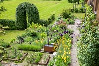 View from above to Iris borders with water feature and metal framed vegetable patches,  Fagus sylvtica
