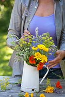 Woman making an arrangement. Jug of herb and edible flowers - marigold, fennel, borago, mint, nasturtium
