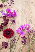 Cut flowers to create posy - plants include Lathyrus latifolius, Lathyrus odoratus, Verbena hastata, Dahlia and Scabiosa