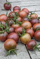 Tomato 'Chocolate Cherry' - Lycopersicon lycopersicum on wooden table