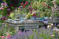 Laid table between beds of lavender -Lavandula and Rosa - Rose. Arrangement of roses and lady's mantle