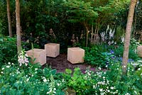 Athanasia Summer, Garden Gold medal. RHS Hampton Court Palace Flower Show 2013. Shady woodland garden with wooden block seats. David Sarton Weald Garden Design Ltd 
