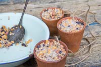 Terracotta pots filled with a mixture of Lard or Fat, Raisins, Bird seed, Cheese and Peanuts