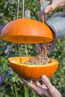 Filling the centre of the Pumpkin Bird Feeder with bird seed