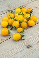 Lycopersicon lycopersicum 'Jelly Bean Red and Yellow' -  tomatoes on wooden surface