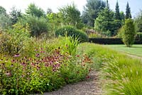 Summer borders. Gaillardia grandiflora 'Burgundy', Echinacea purpurea, Echinacea purpurea Alba, Pennisetum alopecuroides 'Hameln'. Shell path.