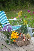 A deckchair with a selection of cut flowers. Calendula officinalis, Verbena bonariensis, Allium seedheads and Foeniculum vulgare