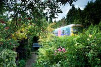 Train speeding past small country garden. Borders lining gravel path leading to painted bench seat. Apple tree 