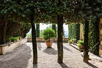 Entrance room. Clipped Quercus Ilex. Le Balze, Florence, Tuscany, Italy. September. Garden designed by Cecil Pinsent in 1912 for American Charles Augustus Strong.