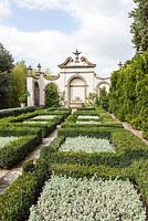 The Hanging gardens. Hedges of box. Villa I Tatti, Florence, Italy. September. Garden designed by Cecil Pinsent for Bernard Berenson. Built between 1911 and 1919 and considered one of the first examples of Renaissance Revival gardens. Owned by Harvard University.