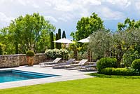 Lawn, swimming pool and recliners with parasols. Luberon, France. 
