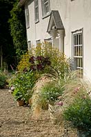 Front of cream painted farmhouse with opulently planted containers with grasses and aeonium 