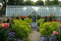 Haddon Lake House, St Lawrence, Isle of Wight. Late Summer Borders with Greenhouse