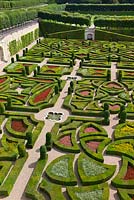 Looking down on to The Ornamental Garden of clipped Buxus sempervirens and Taxus hedges at Chateau de Villandry, Loire Valley, France