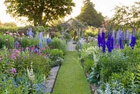 Early morning in the Sundial Garden at Wollerton Old Hall Garden, Wollerton, Shropshire - featuring David Austin roses, Stachys, Delphiniums, Eryngiums, Phlox paniculata, Salvia microphylla and Centranthus ruber, among a wide range of other herbaceous plants.  