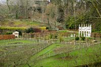 Painswick Rococo Garden, Gloucestershire in winter, The Exedra looking over the kitchen garden