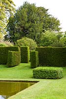 Rectangular pond and geometric hedging shapes. Clipped Taxus baccata - Yew and cubes of Hedera - Ivy. Designer Georgia Langton. Farleigh House, Hampshire.
