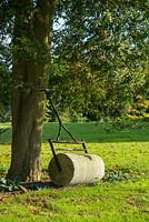 Antique garden roller leaning against box tree.