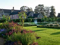 Bretforton Manor's formal garden with box edged beds planted with Rosa 'White  Flower Carpet' and evergreen Prunus lucitanica standards. In the foreground an herbaceous border with Penstemon 'Garnet', Aster frikartii, Echinacea purpurea and Helianthus 'Ruby Sunset'.
