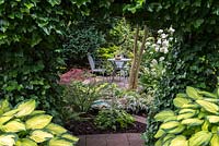 A view from beneath an ivy swag of a secluded seating area surrounded with shade tolerant plants including Acer, Hydrangea and ferns.