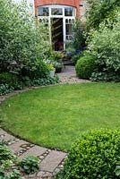 A town garden with circular lawn surrounded by a stone path and foliage plants including Buxus sempervirens balls and Cornus alba 'Elegantissima' shrubs.
