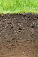 Soil profile showing topsoil and sub-soil. Hole excavated to depth of 60cm