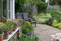 A small town garden with decked seating area surrounded by mixed borders and containers with herbs, flowers and vegetables.