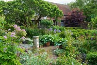 Formal garden in summer with old sundial, gravel paths, roses, herbaceous perennials, box topiary, irises, thalictrum, hostas in pots and view to summer house and barn.