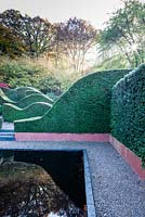 The Reflecting Pool. Hedges of Taxus baccata. Veddw House Garden, Monmouthshire, Wales, UK. November. Garden designed and created by Anne Wareham and Charles Hawes