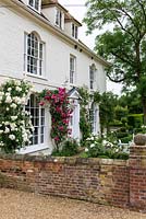 Kelvedon Hall, a 17th century farmhouse with pink and white roses trained around the windows. Rosa 'Reine de Violettes', 'Icelberg' and 'Jacques Cartier'.