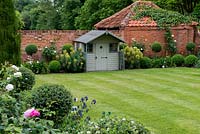 A walled courtyard garden with lawn, wooden summerhouse and borders with privet standards, peonies and box balls. White Rosa 'Winchester Cathedral'.