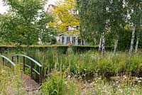 A meadow with silver birch, walnut, gleditsia trees behind a lily pond crossed by a wooden bridge.